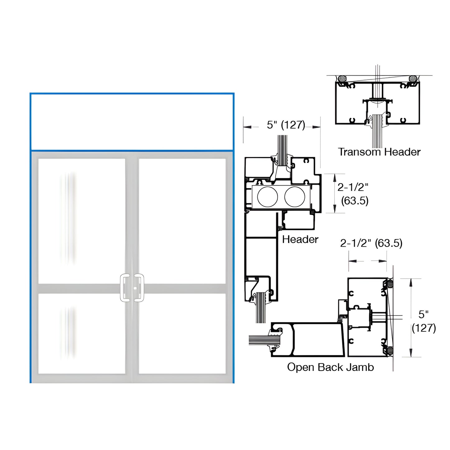 Custom double transom door frame (SKU 0P62471) for pair butt-hinged hurricane impact doors, air resistant threshold.