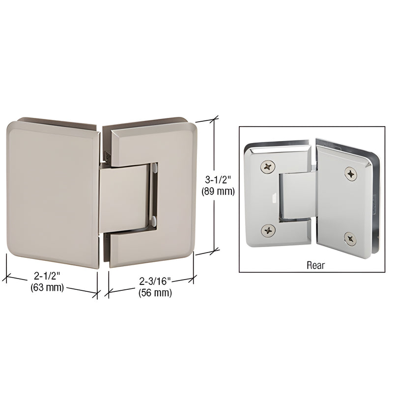 P1N045BN Pinnacle glass-to-glass shower hinge, brushed nickel, beveled, 3-1/2" tall, fits 8-12 mm glass
