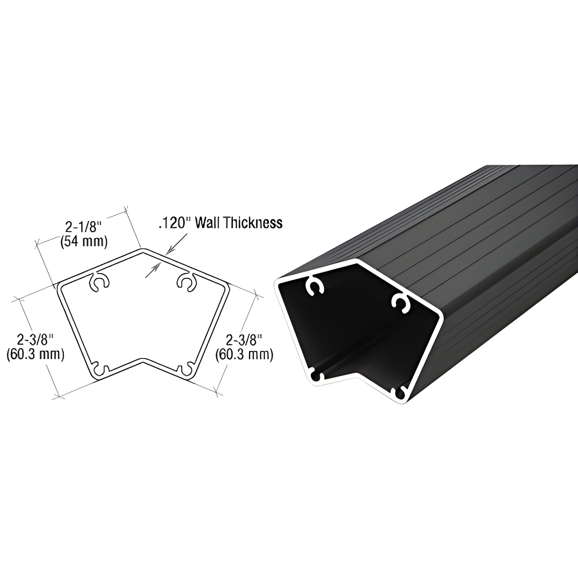 Matte black aluminum 135 railing post profile SKU P536BL - 2-3/8" height, .120" wall thickness, cut-to-length stock.