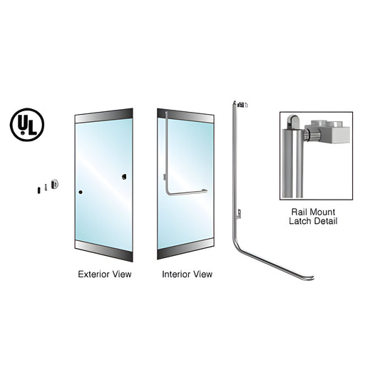 Brushed stainless rail-mount panic handle for 1/2 and 3/4 in glass doors, interior push bar, SKU BP100Z4RKBS