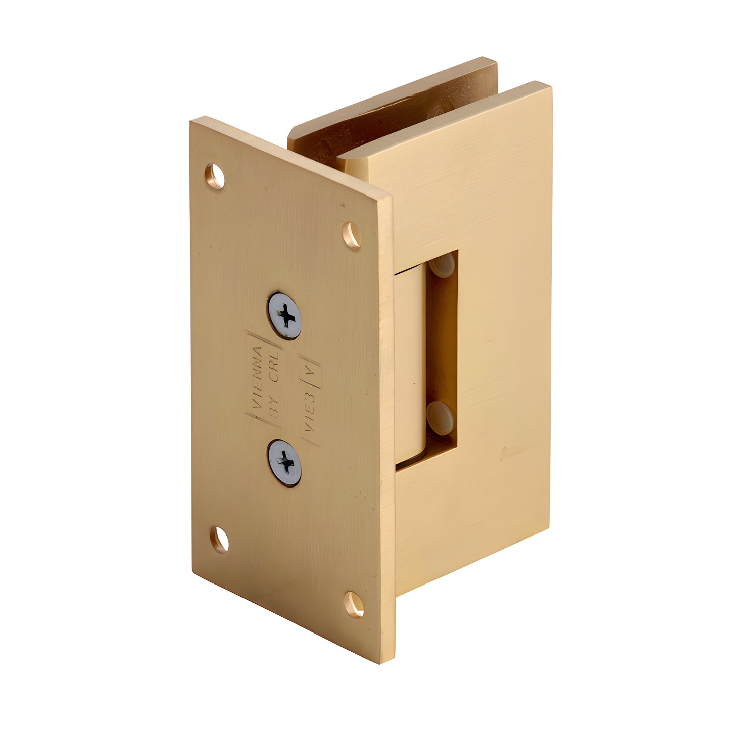 Satin brass Vienna squared shower hinge SKU V1E037SB - wall-mount full back plate, fits 3/8-1/2" (10-12mm) glass.