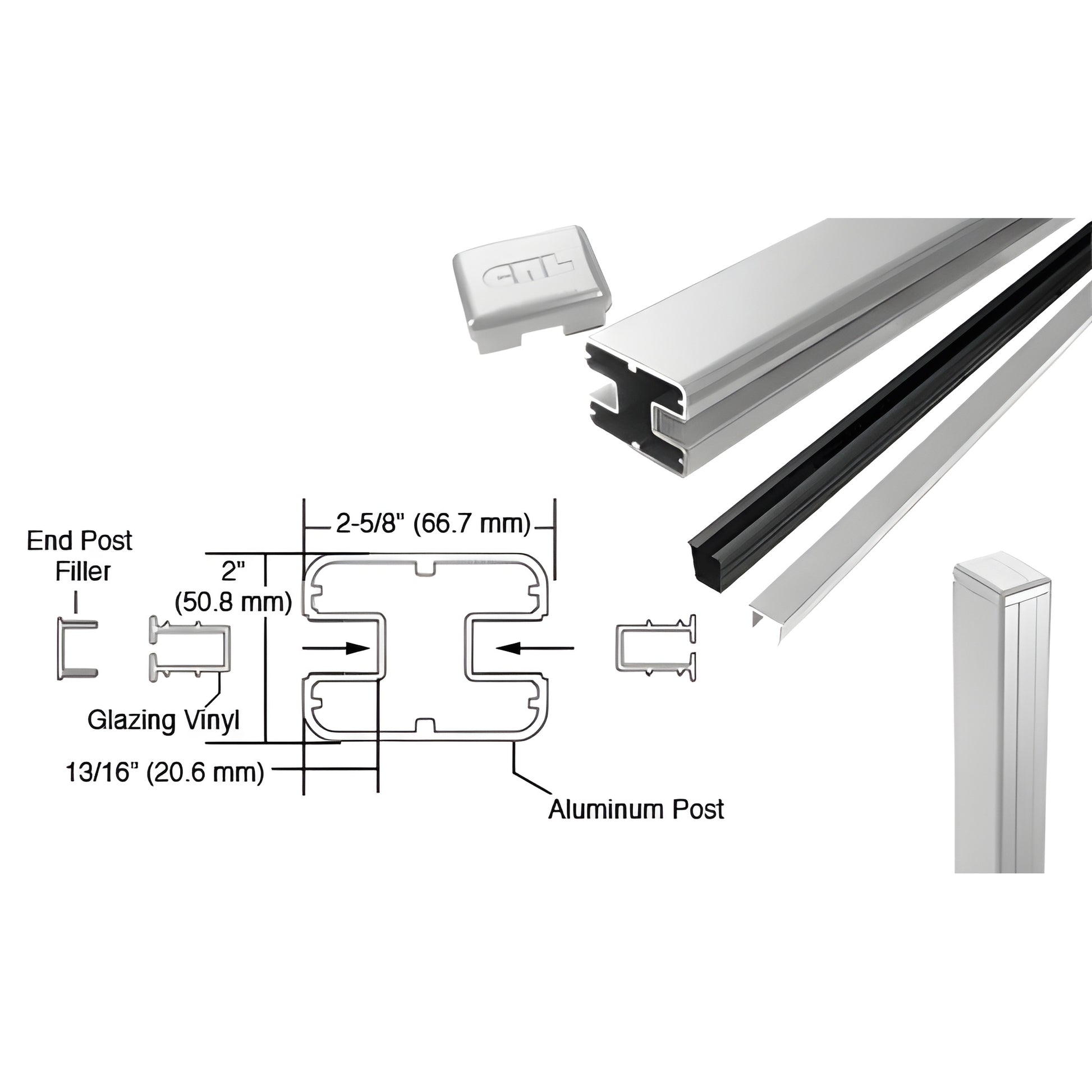 Silver aluminum 72 in rectangular end post kit (SKU S72EKS) for 1/4-1/2 in glass railing, includes cap and vinyl.