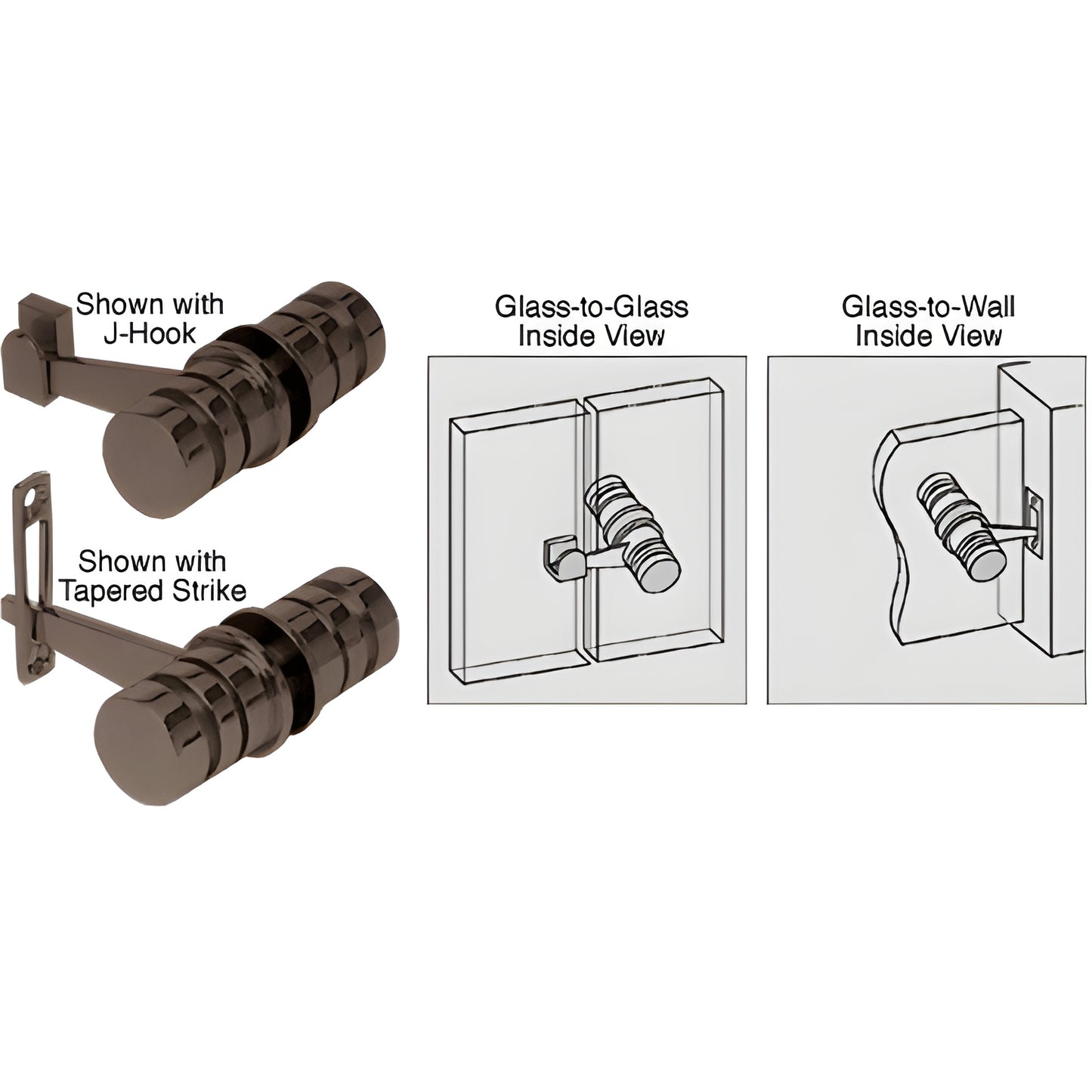 LAT0010RB oil-rubbed bronze brass knob latch for 8-12mm glass, shown with J-hook and tapered strike, glass-to-glass/wall.