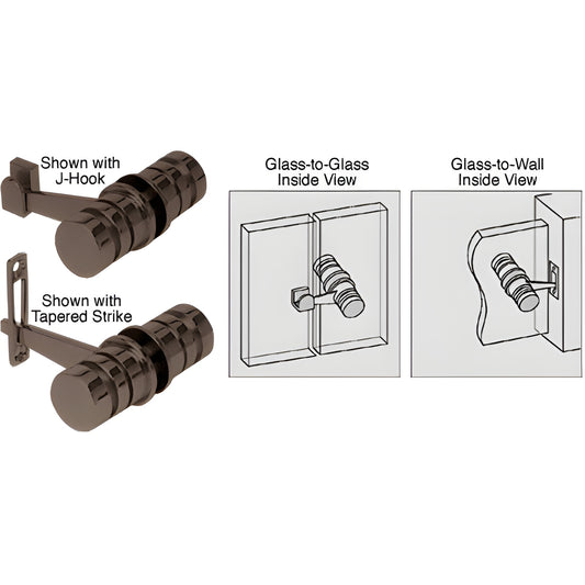 LAT0010RB oil-rubbed bronze brass knob latch for 8-12mm glass, shown with J-hook and tapered strike, glass-to-glass/wall.