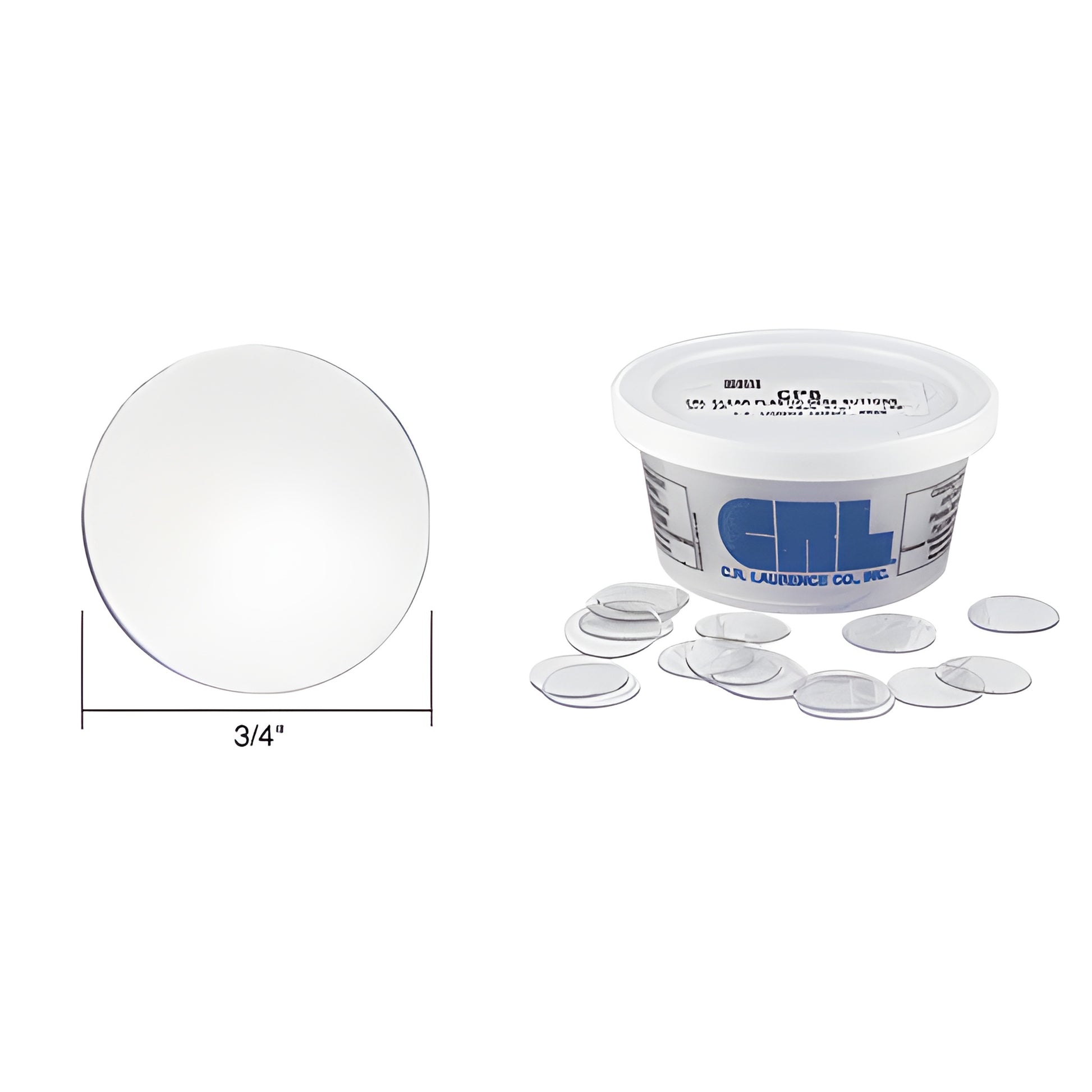 CP8 clear plastic desk buttons (3/4" dia, 1/32" thick) tub of 100 - round, non-adhesive clear furniture bumpers