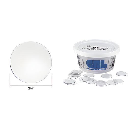 CP8 clear plastic desk buttons (3/4" dia, 1/32" thick) tub of 100 - round, non-adhesive clear furniture bumpers