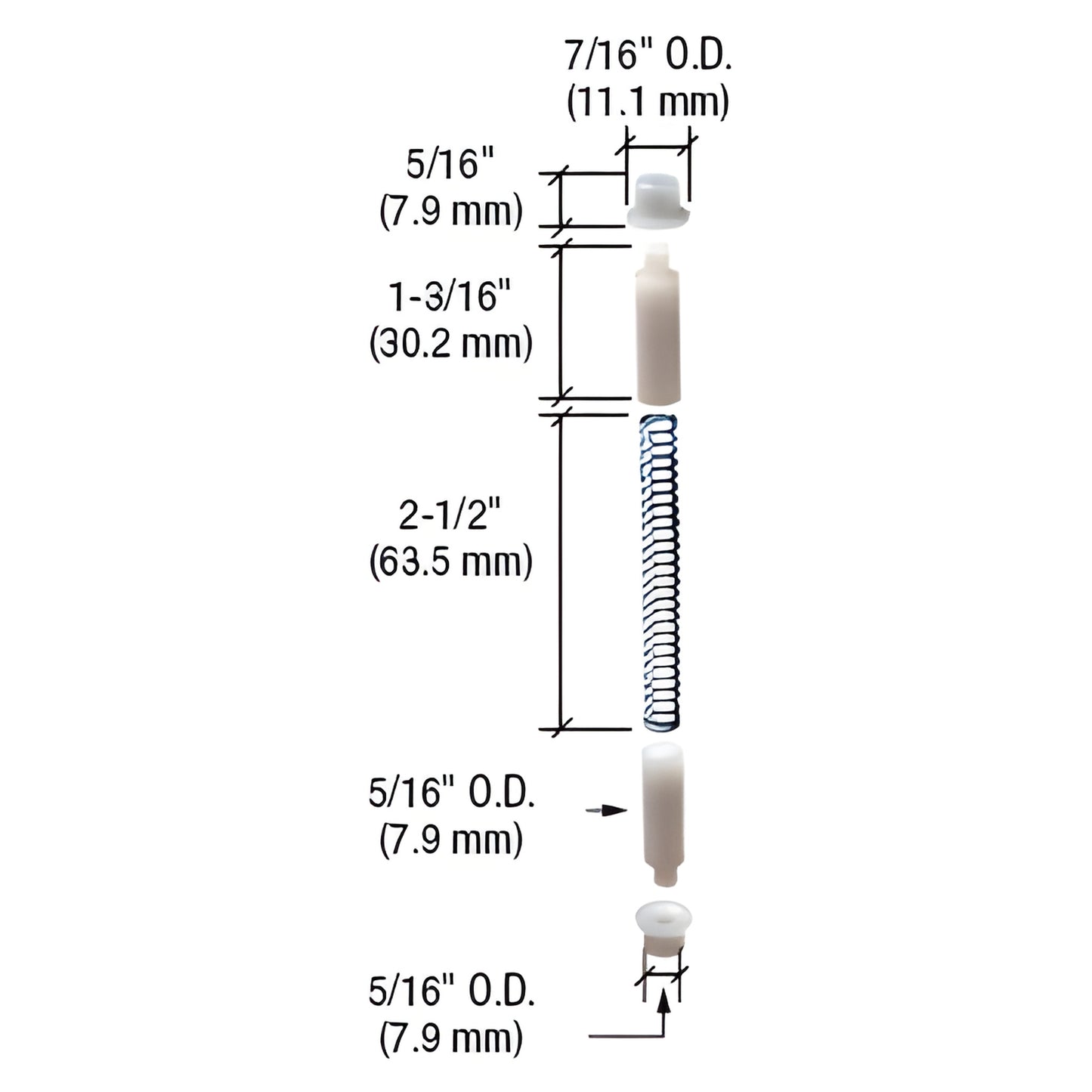 CRL K5131 nylon storm door hinge pin repair kit exploded parts view with bushings, springs and dimensions