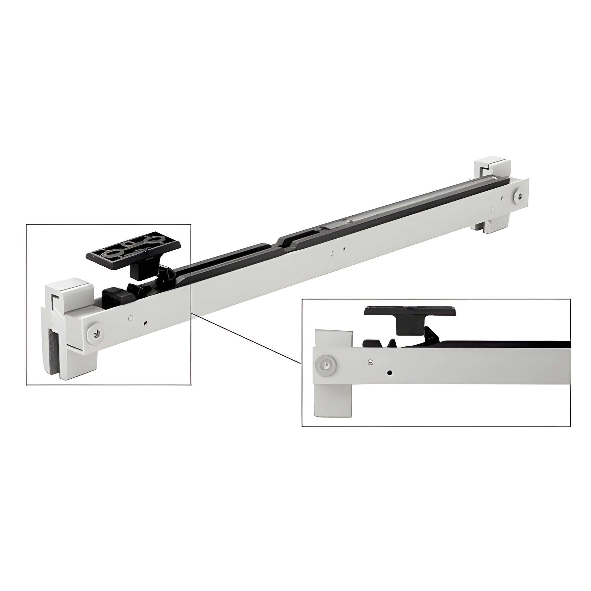 CRL285SBK Softbrake sliding glass door soft-close rail, white/aluminum with black brake pad, no-drill install.