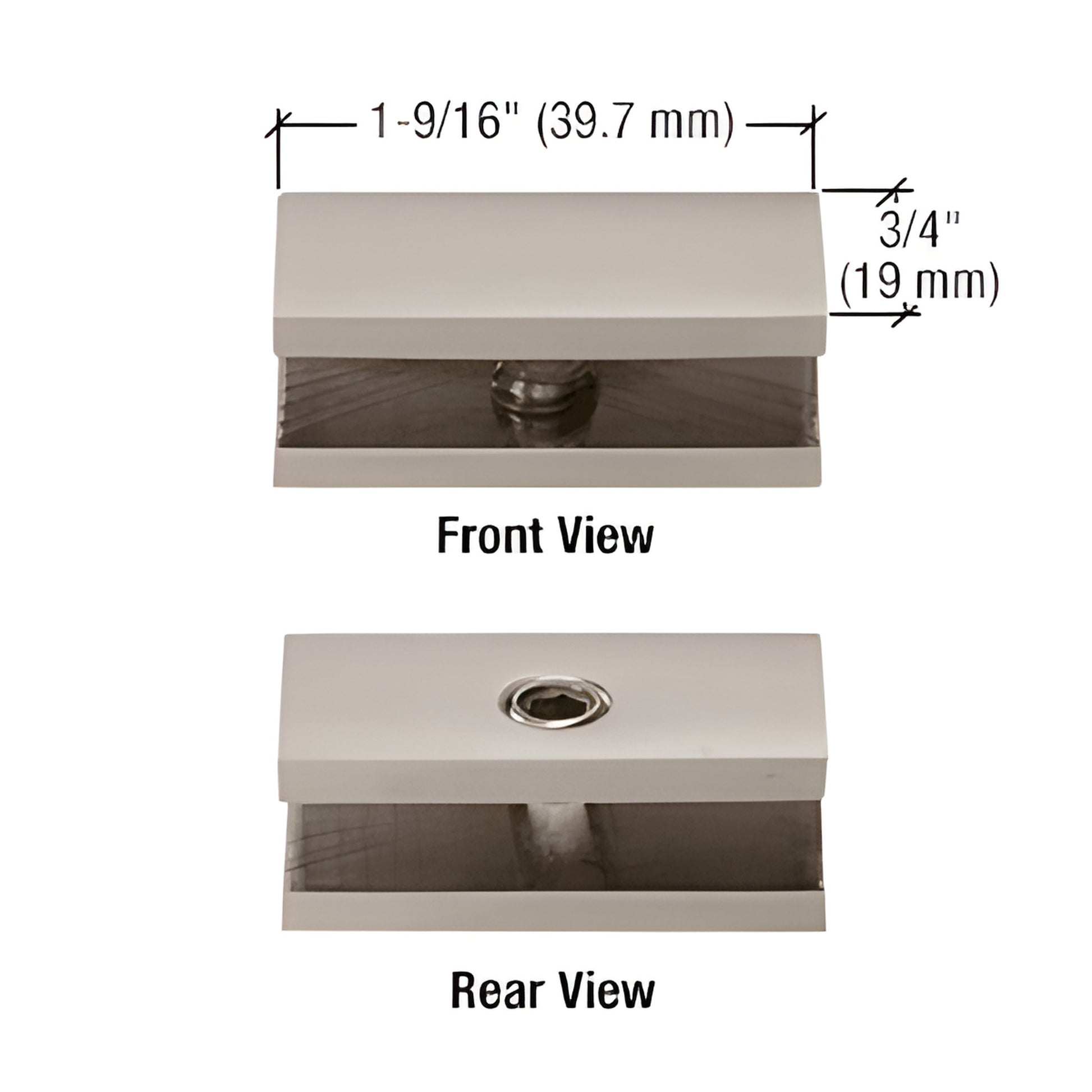 Brushed nickel brass no-drill fixed panel clamp (NDC6BN) for 1/4" glass, front and rear views, 1-9/16" 3/4"