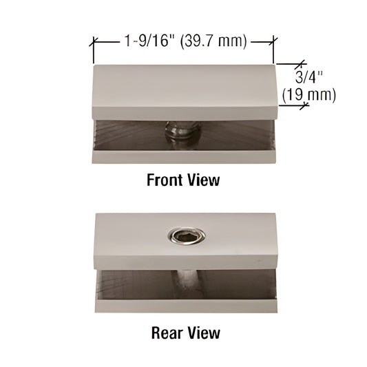 Brushed nickel brass no-drill fixed panel clamp (NDC6BN) for 1/4" glass, front and rear views, 1-9/16" 3/4"