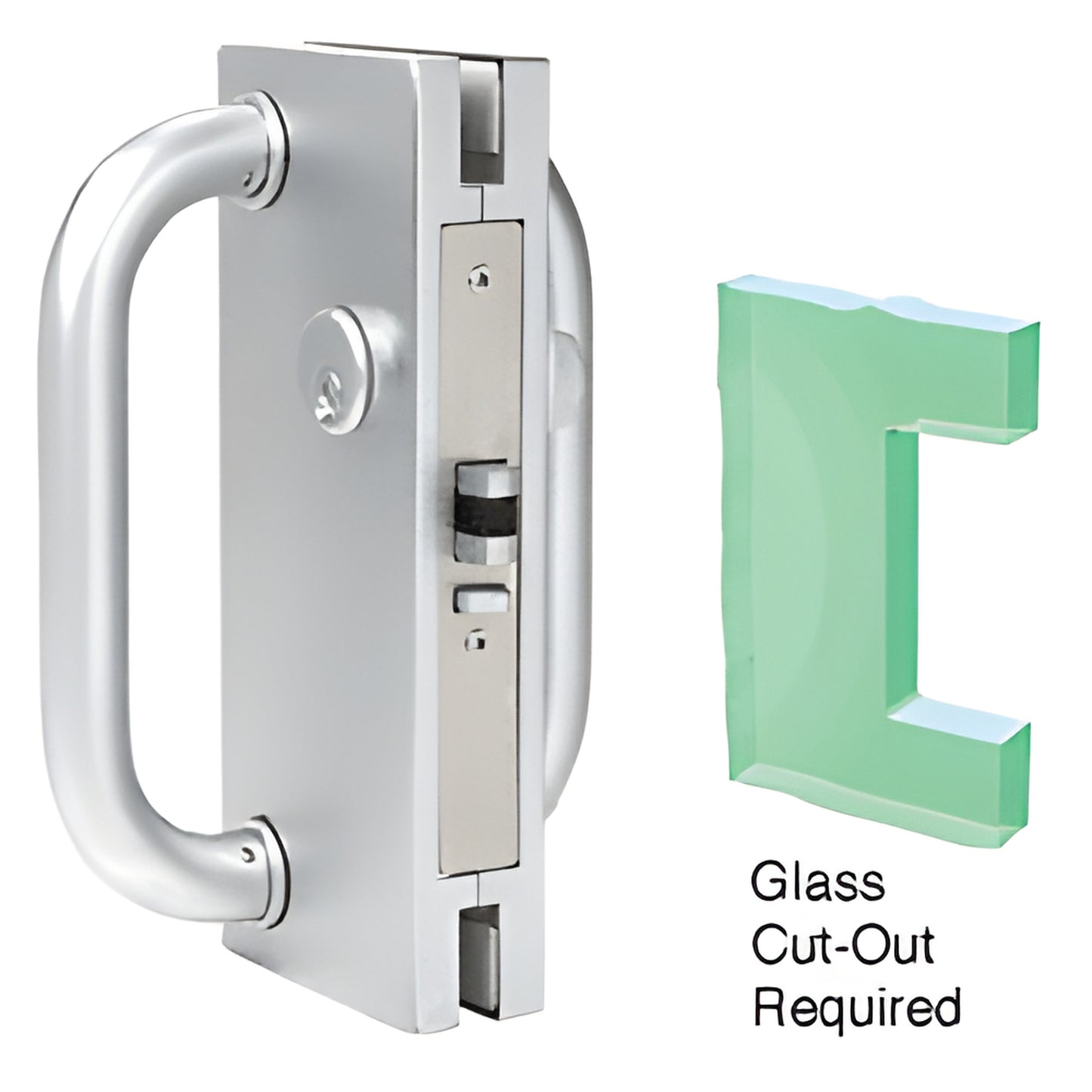 DL410LSC satin anodized 4x10 center deadlatch with 8in D-handle for 1/2in glass, thumbturn and keyed cylinder