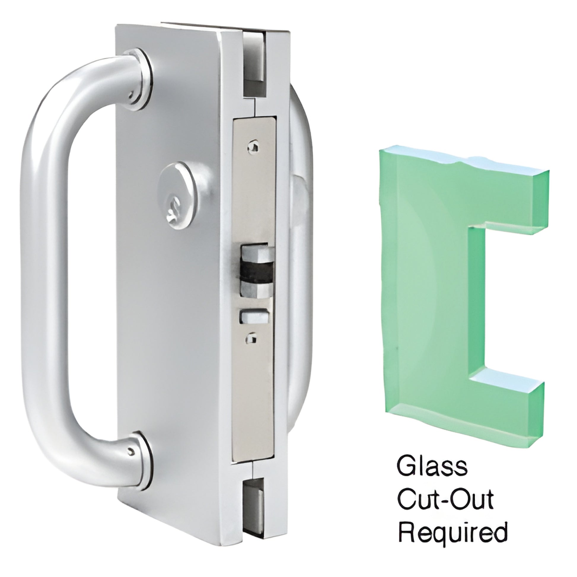 DL410LSC satin anodized 4x10 center deadlatch with 8in D-handle for 1/2in glass, thumbturn and keyed cylinder