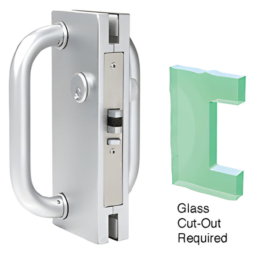 DL410LSC satin anodized 4x10 center deadlatch with 8in D-handle for 1/2in glass, thumbturn and keyed cylinder