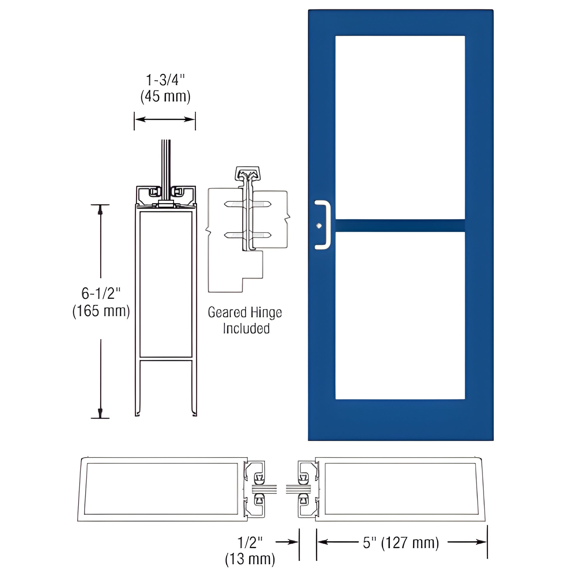 DZ51871: blue custom wide-stile commercial entrance door, 5" stiles, 6-1/2" bottom rail, geared hinge detail.