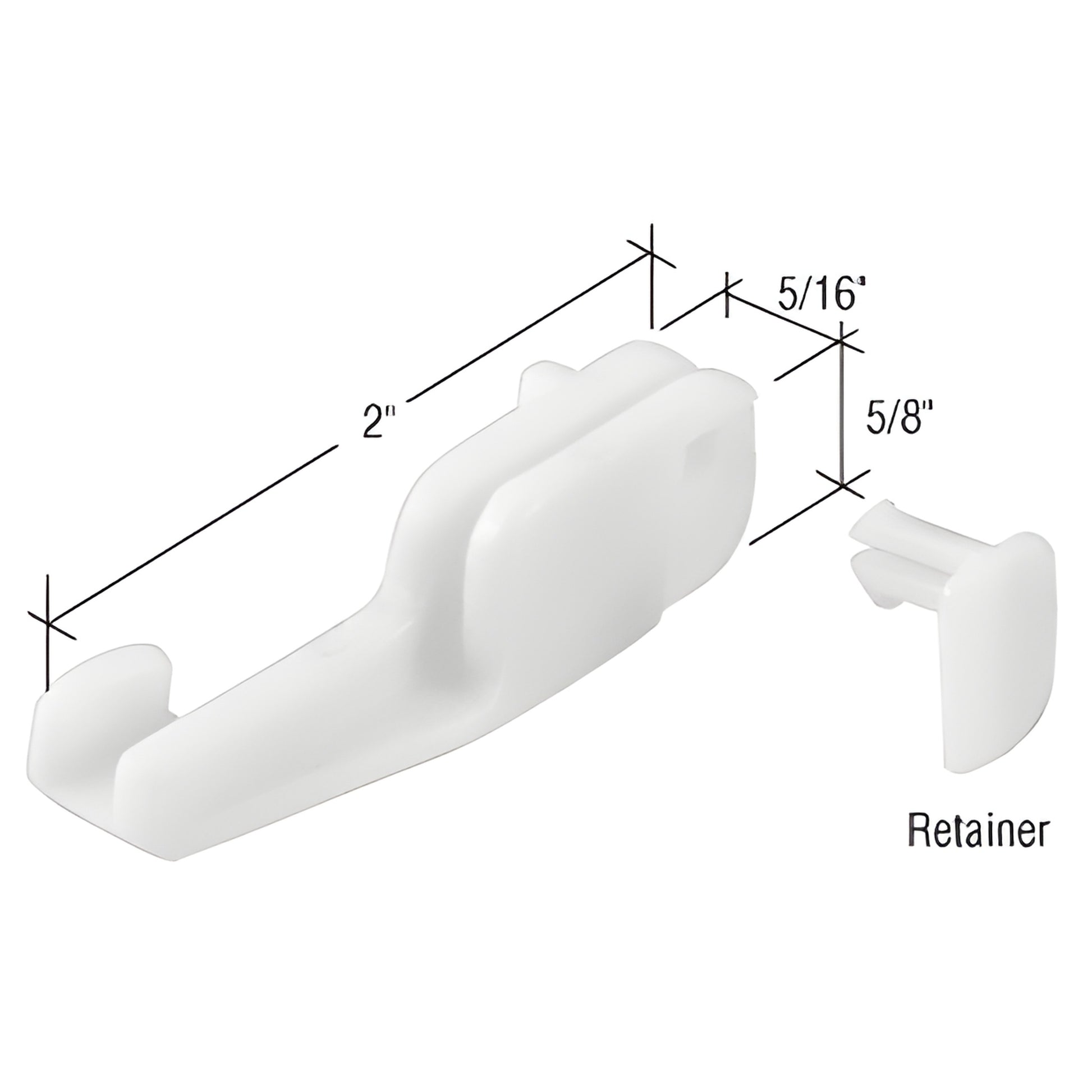 White nylon bottom guide and retainer pair for sliding shower doors, 2 in x 5/8 in x 5/16 in, SKU M6090
