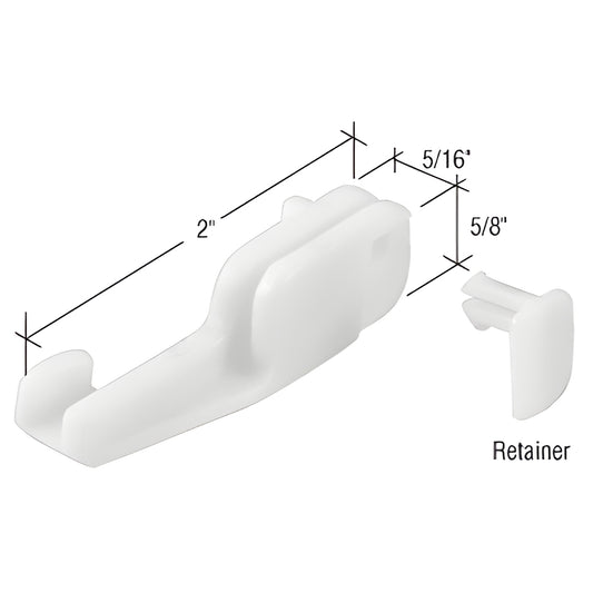 White nylon bottom guide and retainer pair for sliding shower doors, 2 in x 5/8 in x 5/16 in, SKU M6090