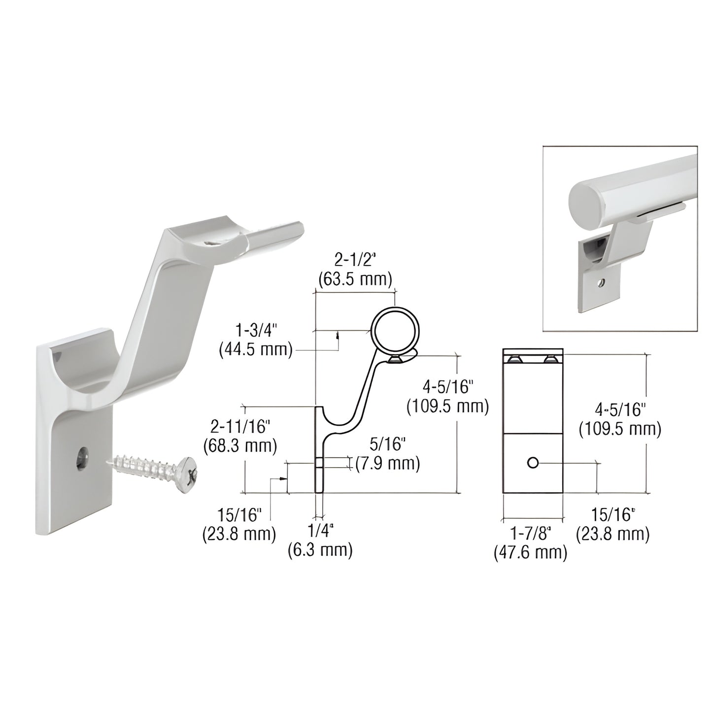 ARHB1S silver metallic aluminum quick-connect handrail bracket for 1-1/2" rail, dimensional drawing and mounting screw.