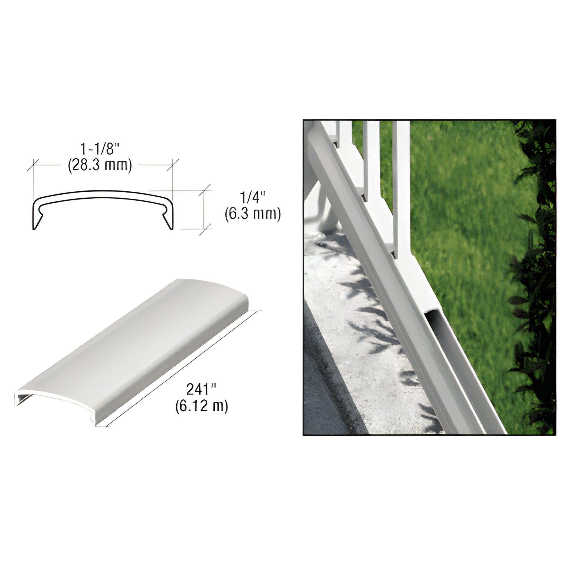 CRL 100 Series aluminum picket spacer, silver metallic, 241" long, snap-on for 5/8" square pickets (SKU 1PS241S)