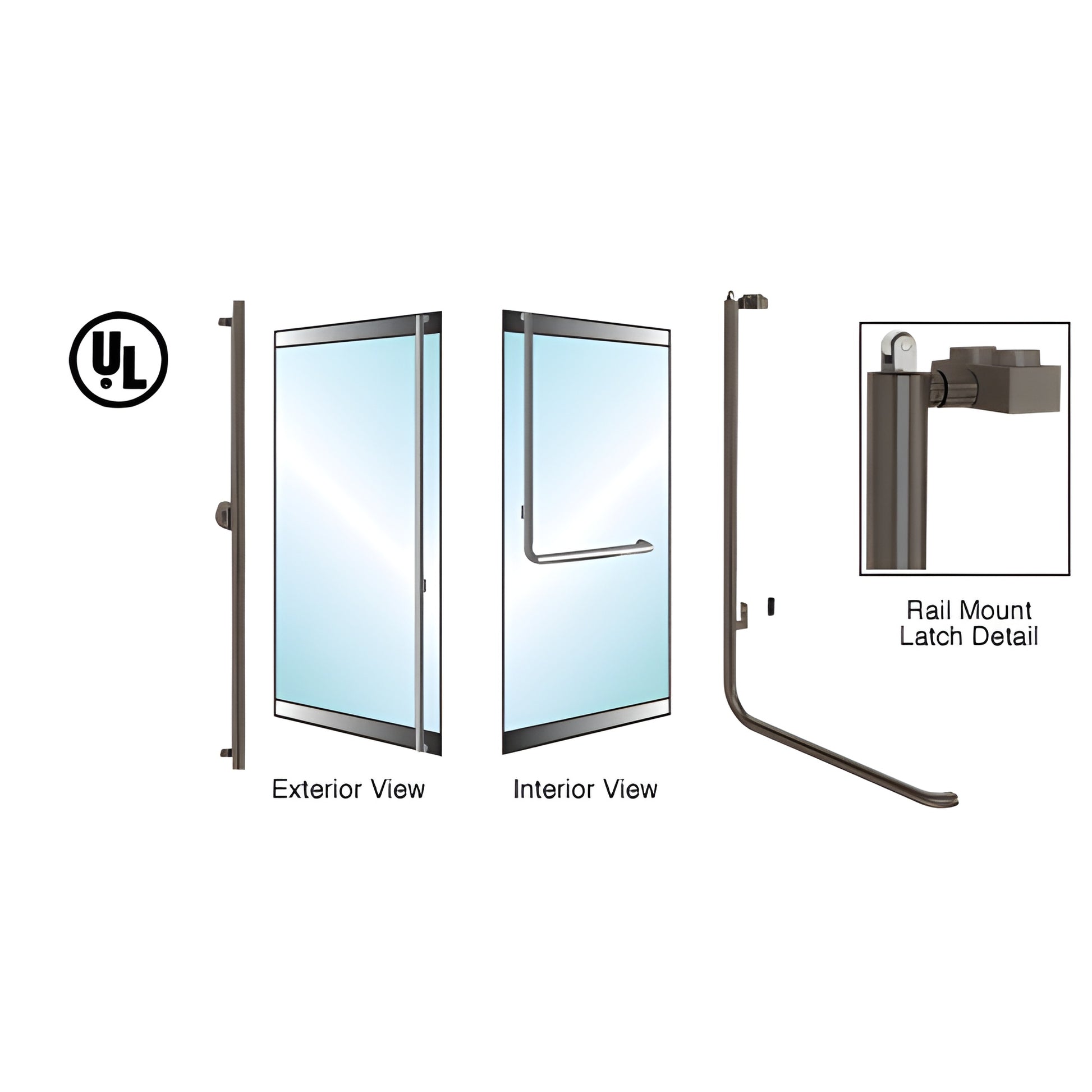 PA100F4LK0RB oil rubbed bronze low-profile 1-1/4 in panic rail handle for 1/2-3/4 in glass doors, interior push bar