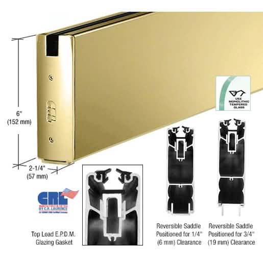 Polished Brass 6" Square Sidelite Rail for 3/4" Glass, 120" Length - CRL Product Image