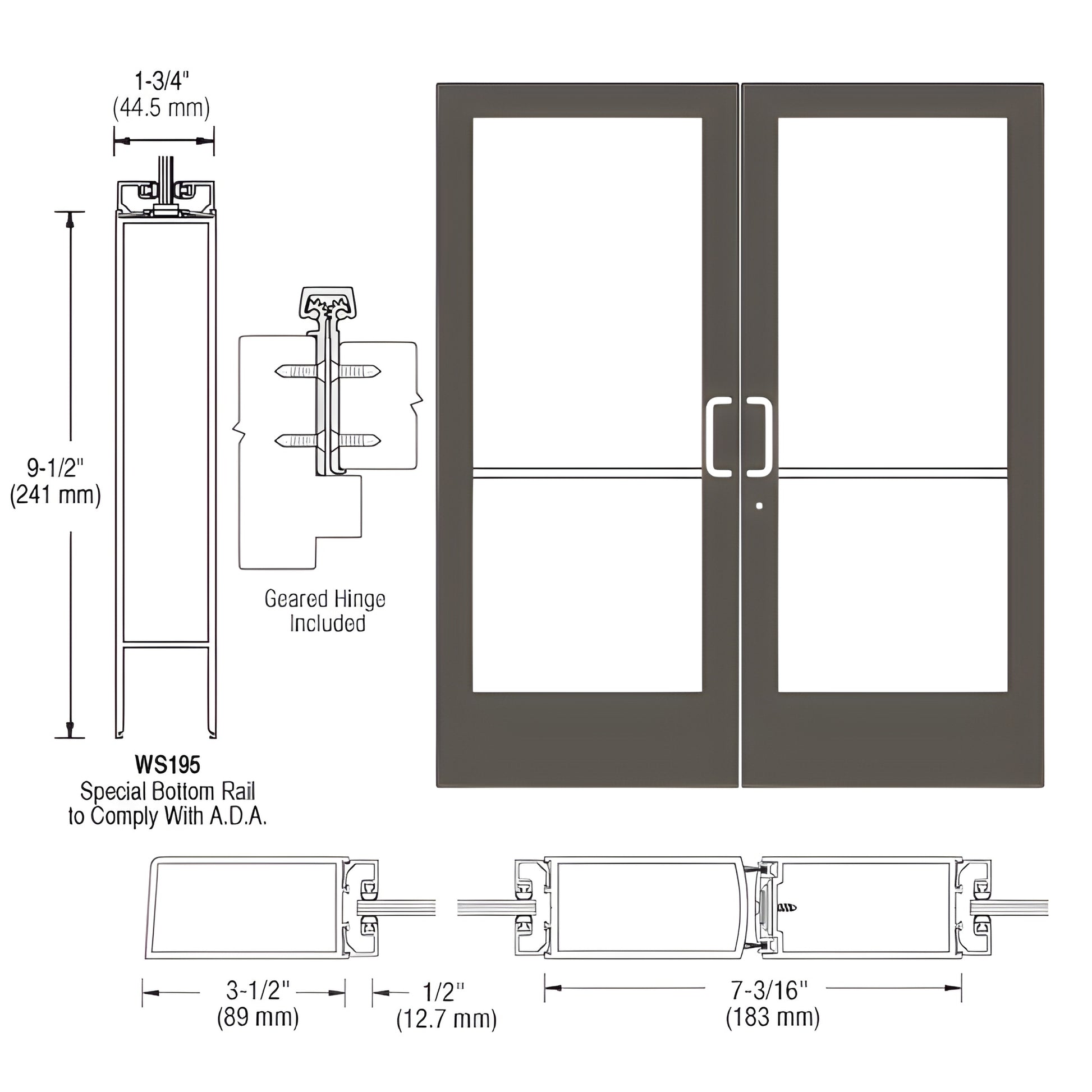 DE42822 black bronze anodized medium-stile commercial double entrance door with 9.5" ADA bottom rail and glass.