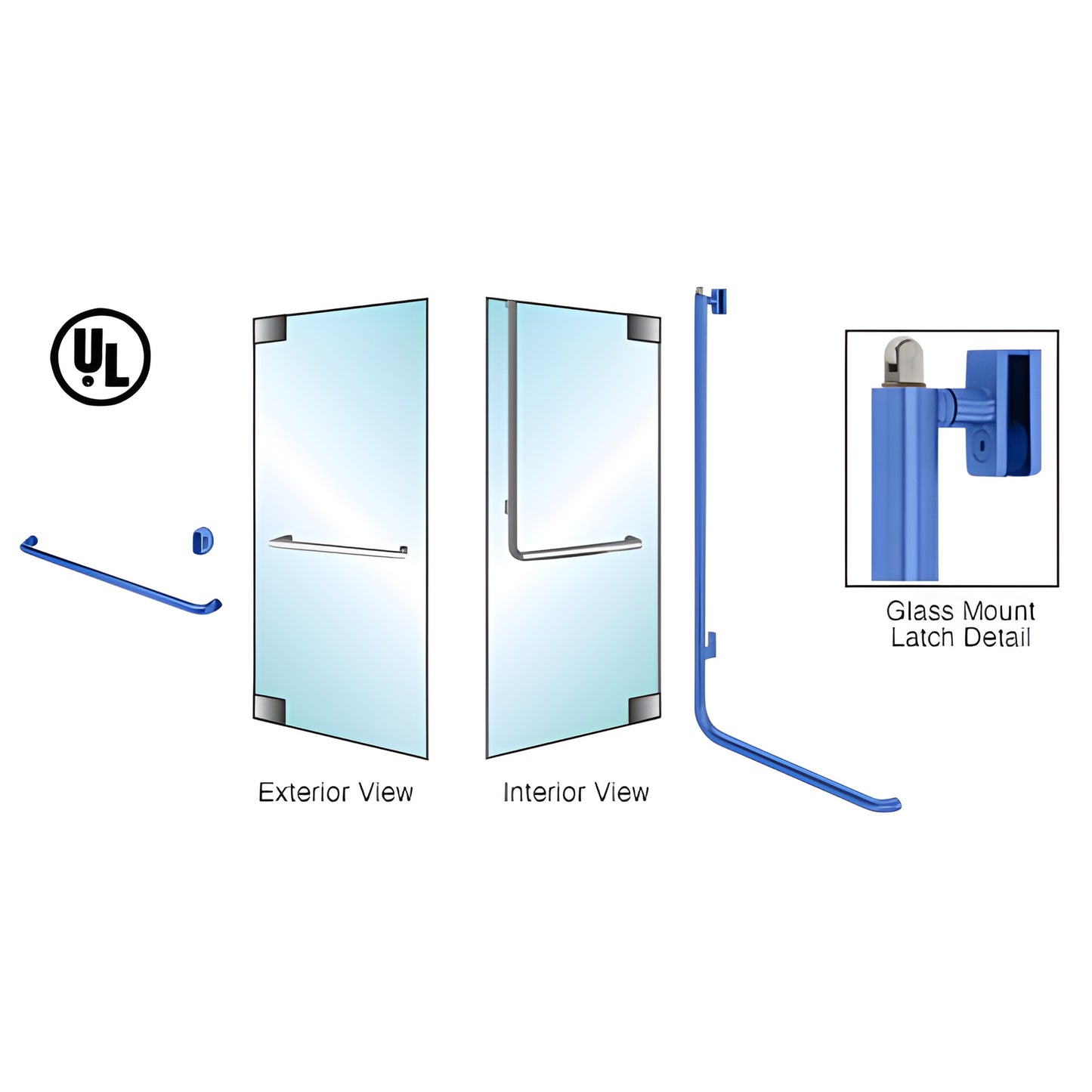 All-glass panic door handle (PA100A4GKPT), 1-1/4 in stainless steel exterior fixed handle for 1/2 in glass, powder coated.
