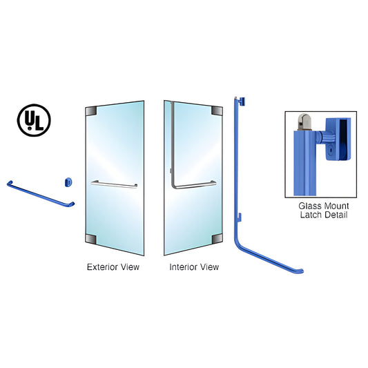 All-glass panic door handle (PA100A4GKPT), 1-1/4 in stainless steel exterior fixed handle for 1/2 in glass, powder coated.