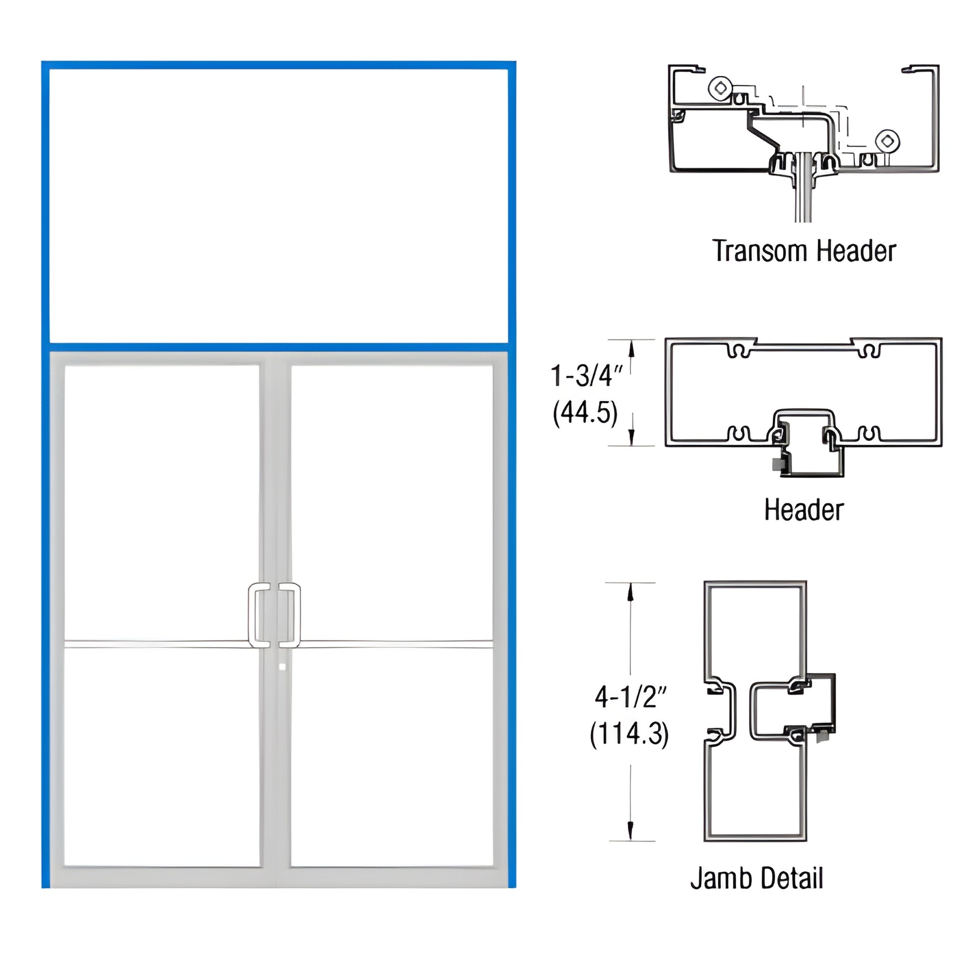 FR62571 aluminum storefront frame with transom and double glass doors, tubular jambs, aluminum threshold, custom Kynar finish