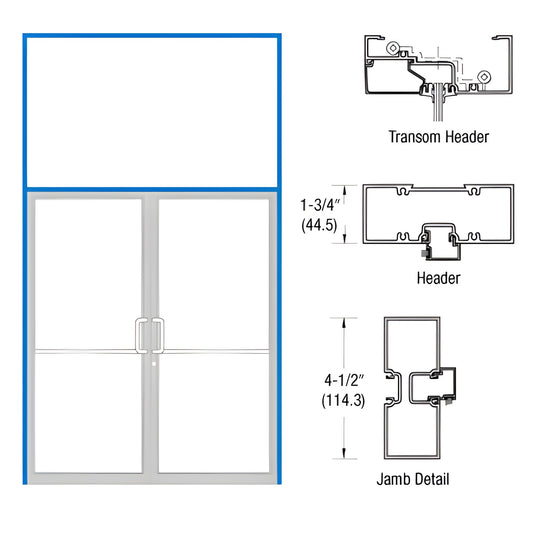 FR62571 aluminum storefront frame with transom and double glass doors, tubular jambs, aluminum threshold, custom Kynar finish