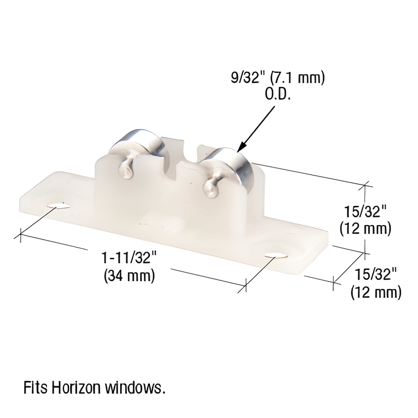 CRL G3165 Horizon window roller assembly, white nylon housing with twin 9/32" steel rollers, 15/32" high.