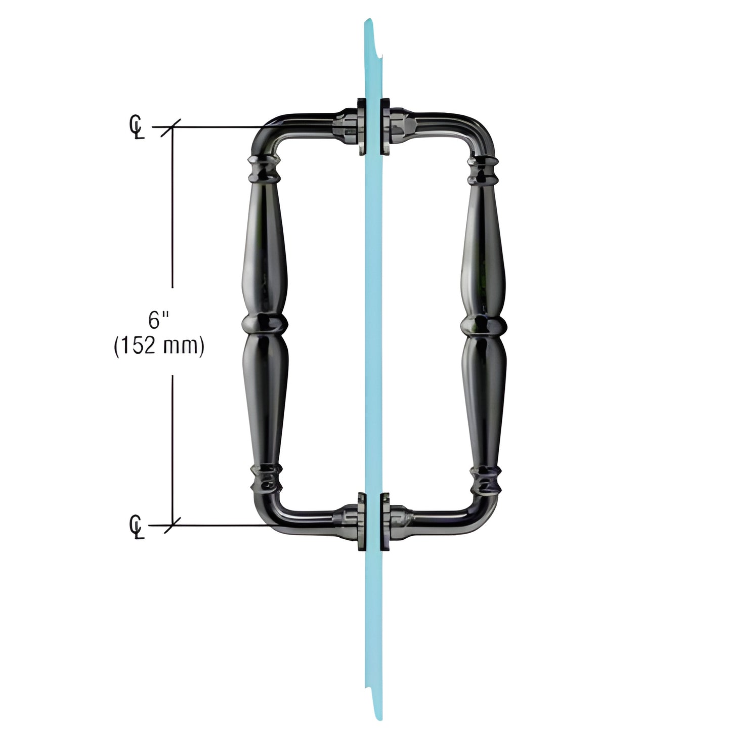 Matte black Victorian solid-brass double-sided shower door pull, 6" c c, fits 1/4-1/2" glass (SKU V1C6X6MBL)