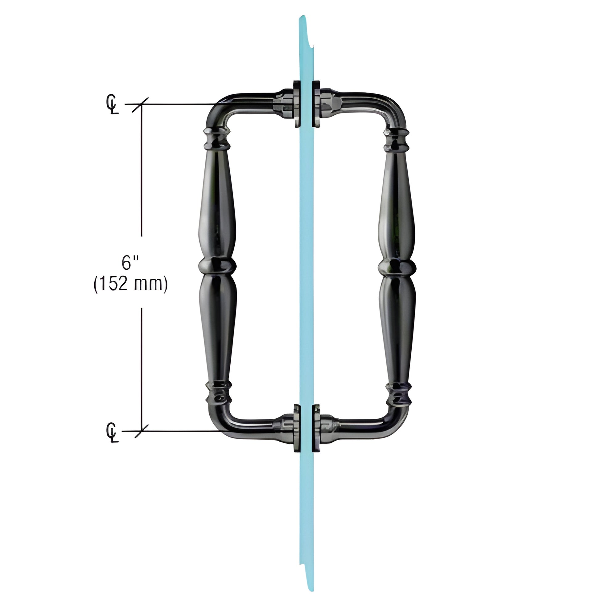 Matte black Victorian solid-brass double-sided shower door pull, 6" c c, fits 1/4-1/2" glass (SKU V1C6X6MBL)