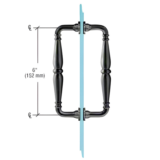 Matte black Victorian solid-brass double-sided shower door pull, 6" c c, fits 1/4-1/2" glass (SKU V1C6X6MBL)