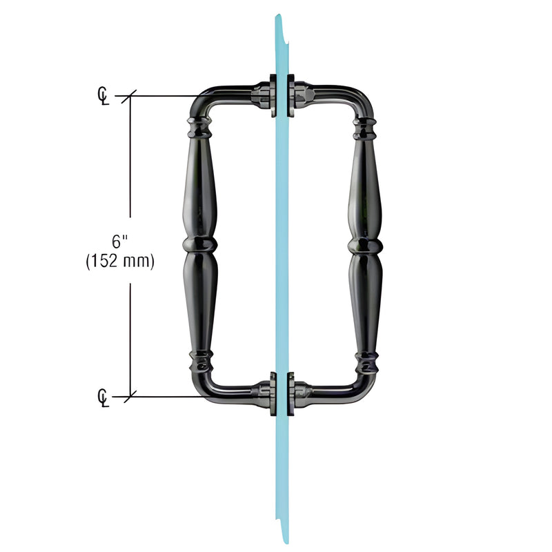 Matte black Victorian solid-brass double-sided shower door pull, 6" c c, fits 1/4-1/2" glass (SKU V1C6X6MBL)