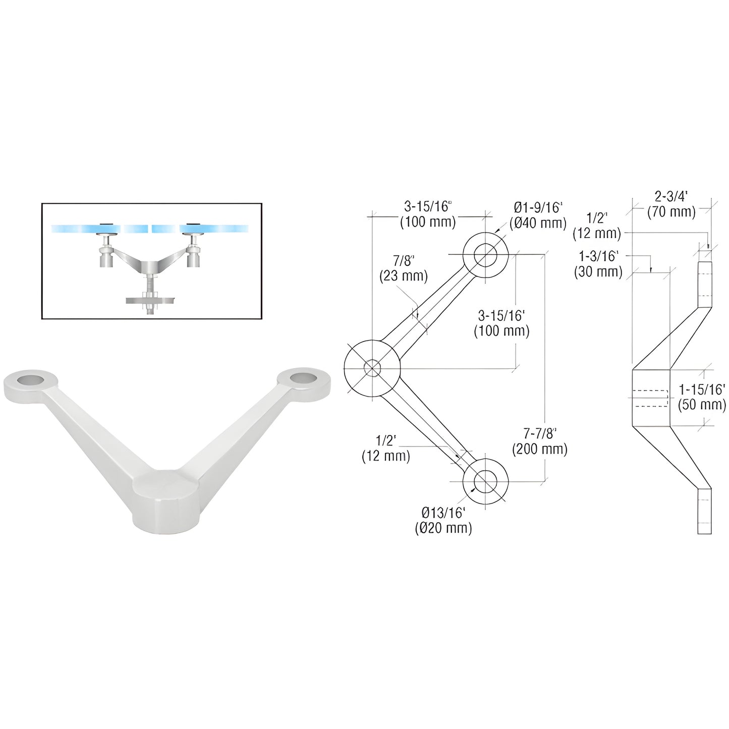 CRL PMH2VPS stainless steel V-shaped post-mount glass fitting for tempered glass railings, shown with photo and technical dia
