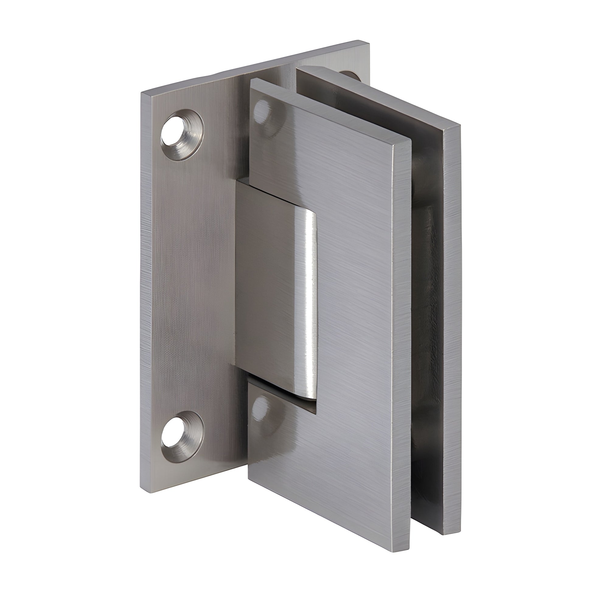 JRG037BN brushed-nickel brass wall-mount glass hinge, full back plate, for 6-8mm tempered glass, self-centering.