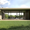 Palisades S100 sliding door (SKU P100S) slim aluminum frame with floor-to-ceiling glass opening to balcony and city sunset
