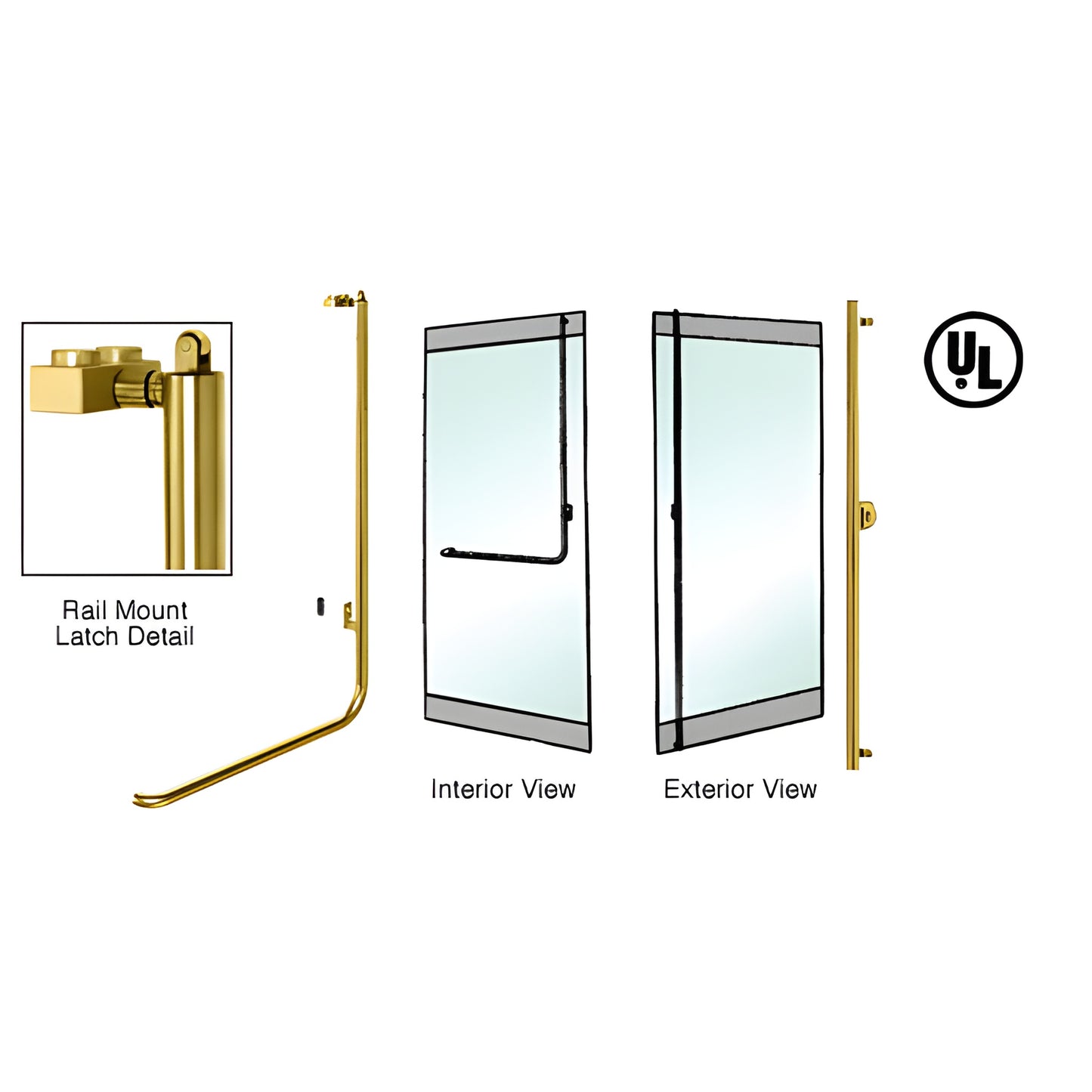 Polished brass PA100 tubular panic handle, 1-1/4" dia, rail-mount for tempered glass doors, interior/exterior views, UL liste