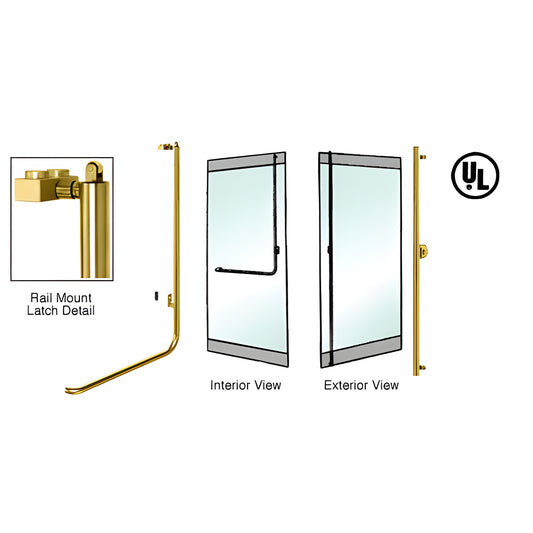 Polished brass PA100 tubular panic handle, 1-1/4" dia, rail-mount for tempered glass doors, interior/exterior views, UL liste