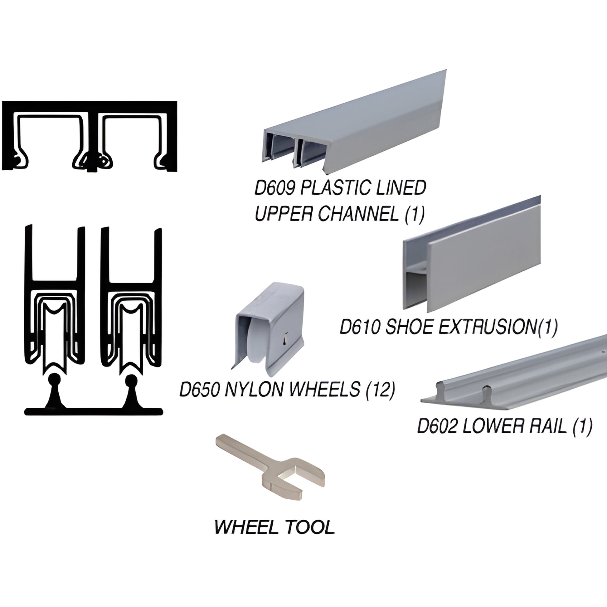 D2204A low-profile satin anodized aluminum rolling track kit for 1/4" tempered glass with D650 nylon wheels and wheel tool