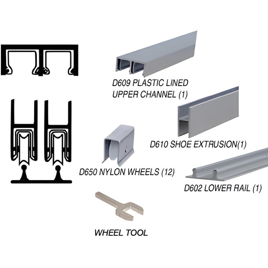 D2204A low-profile satin anodized aluminum rolling track kit for 1/4" tempered glass with D650 nylon wheels and wheel tool