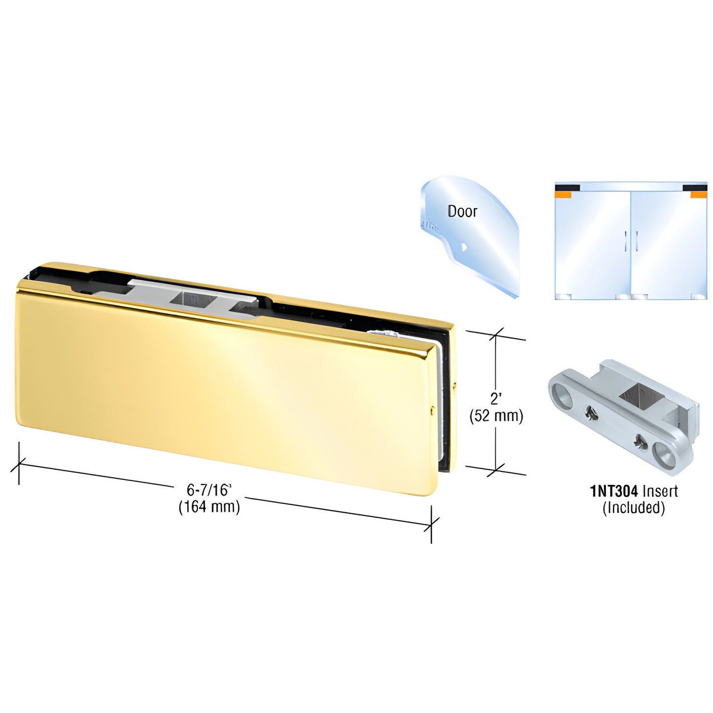 PH20BBR polished brass top door patch fitting for 3/8-1/2 glass, includes 1NT304 insert, 6 7/16 2 .