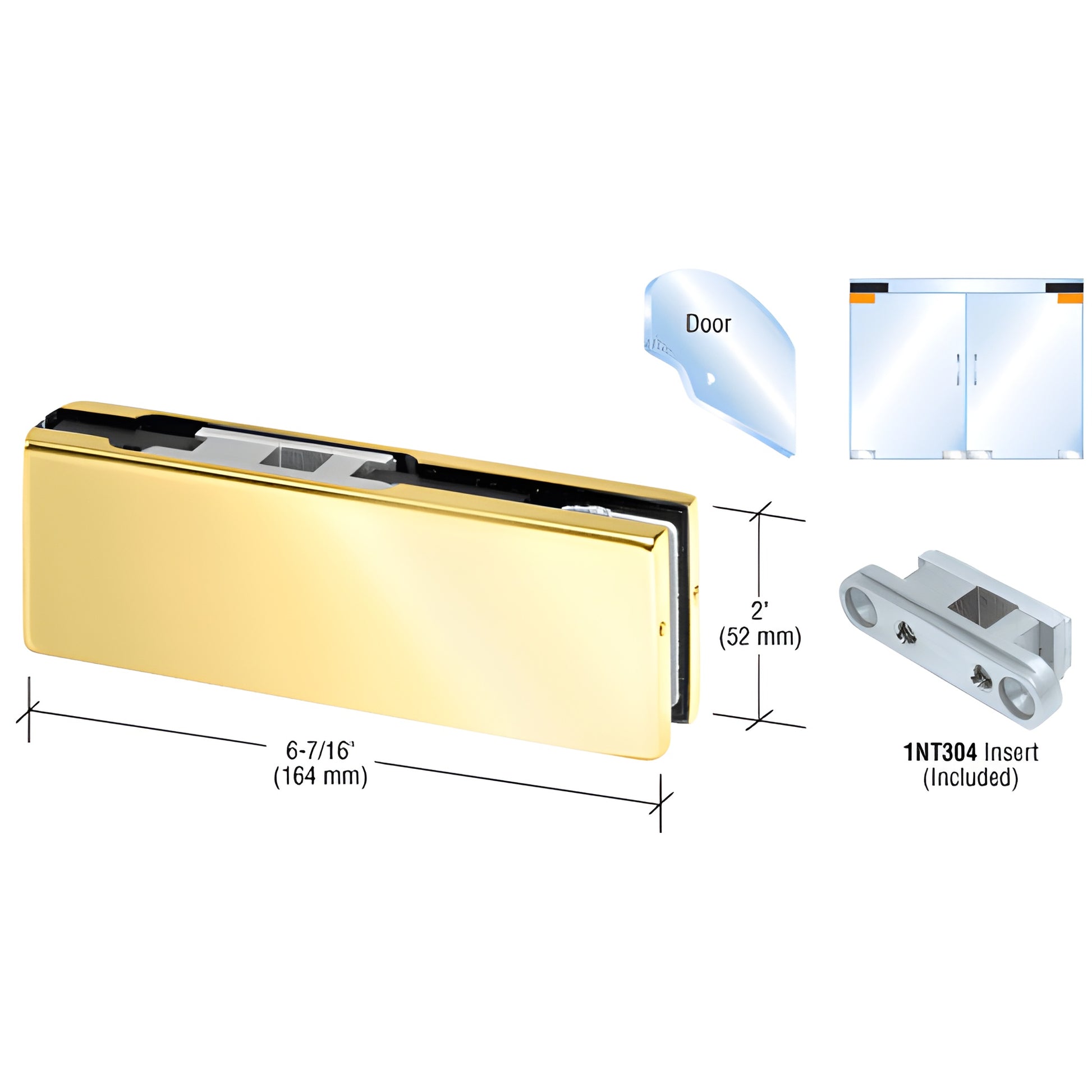 PH20BBR polished brass top door patch fitting for 3/8-1/2 glass, includes 1NT304 insert, 6 7/16 2 .