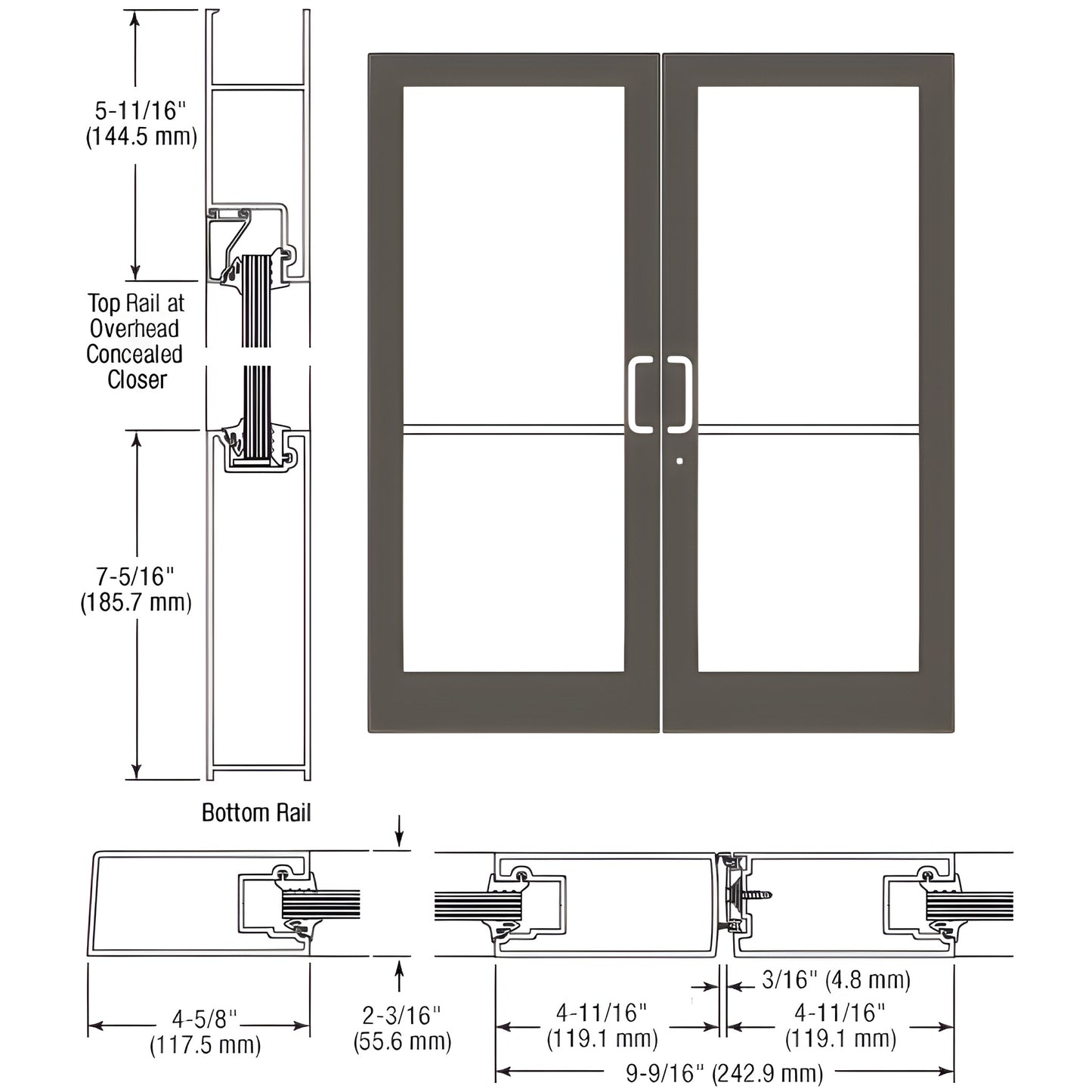 SF42922, CRL medium stile double hurricane-impact entrance door, black bronze anodized frame with large glass panels and push