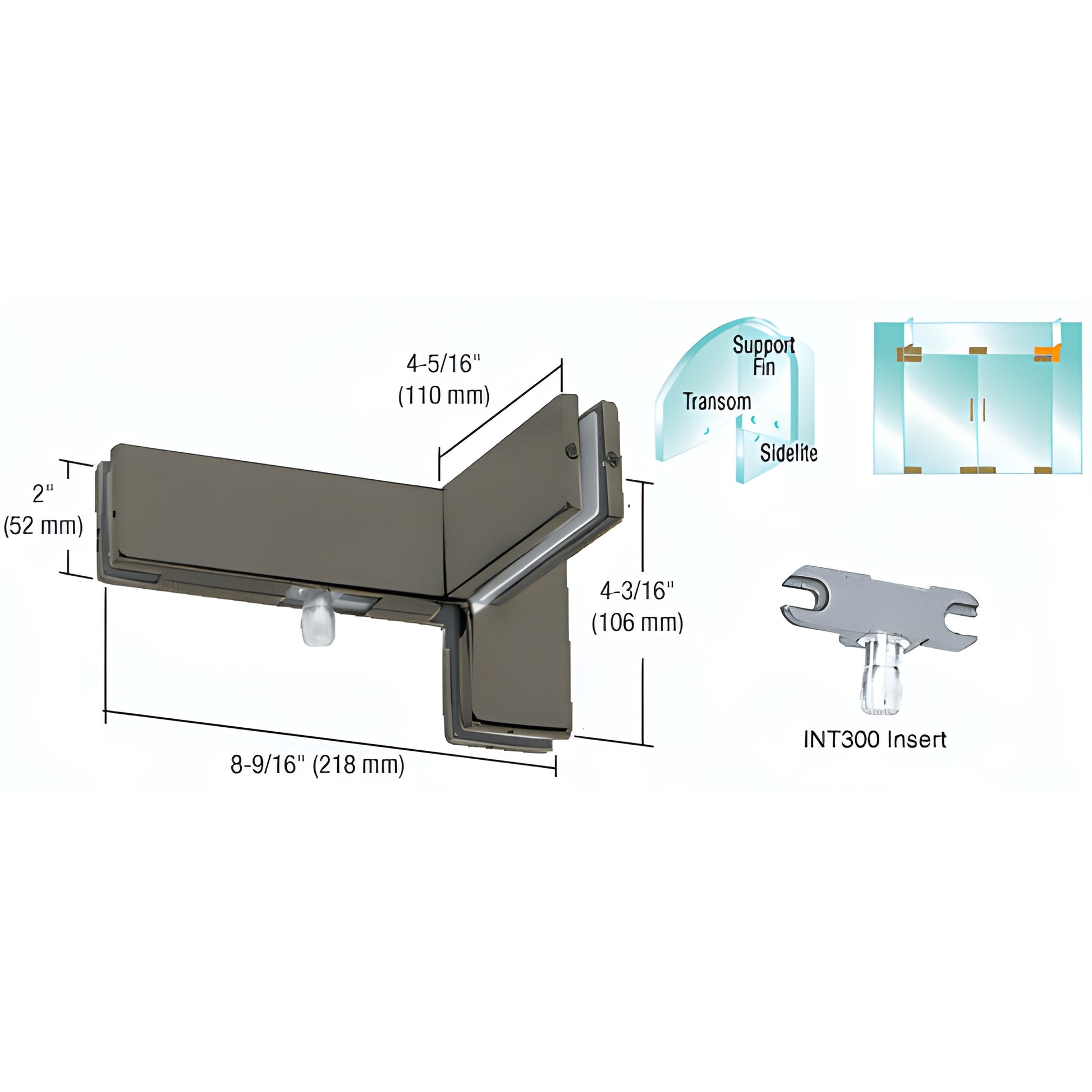 PH41LDU left-hand black bronze sidelite-mounted transom patch with INT300 insert, dimensions labeled.