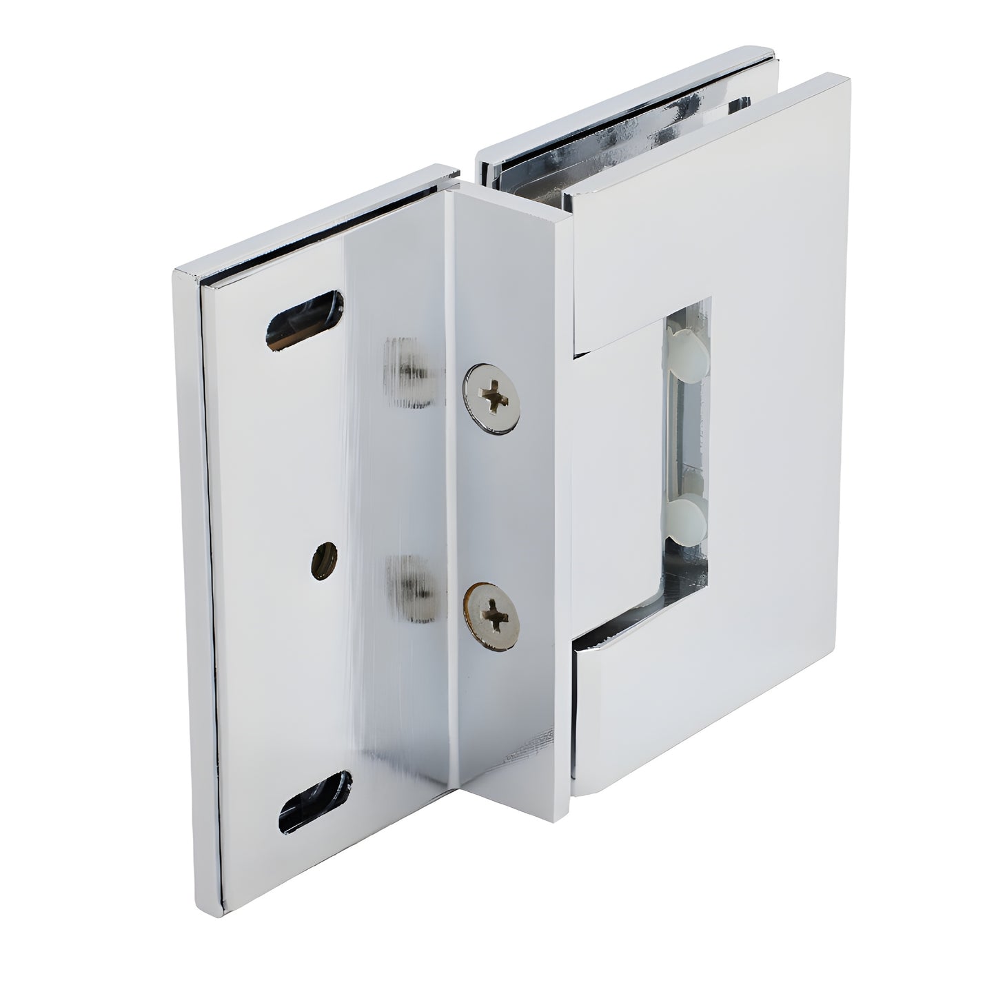 MEL054CH polished chrome square shower door hinge, solid brass, for 8-12mm (5/16-1/2") tempered glass.
