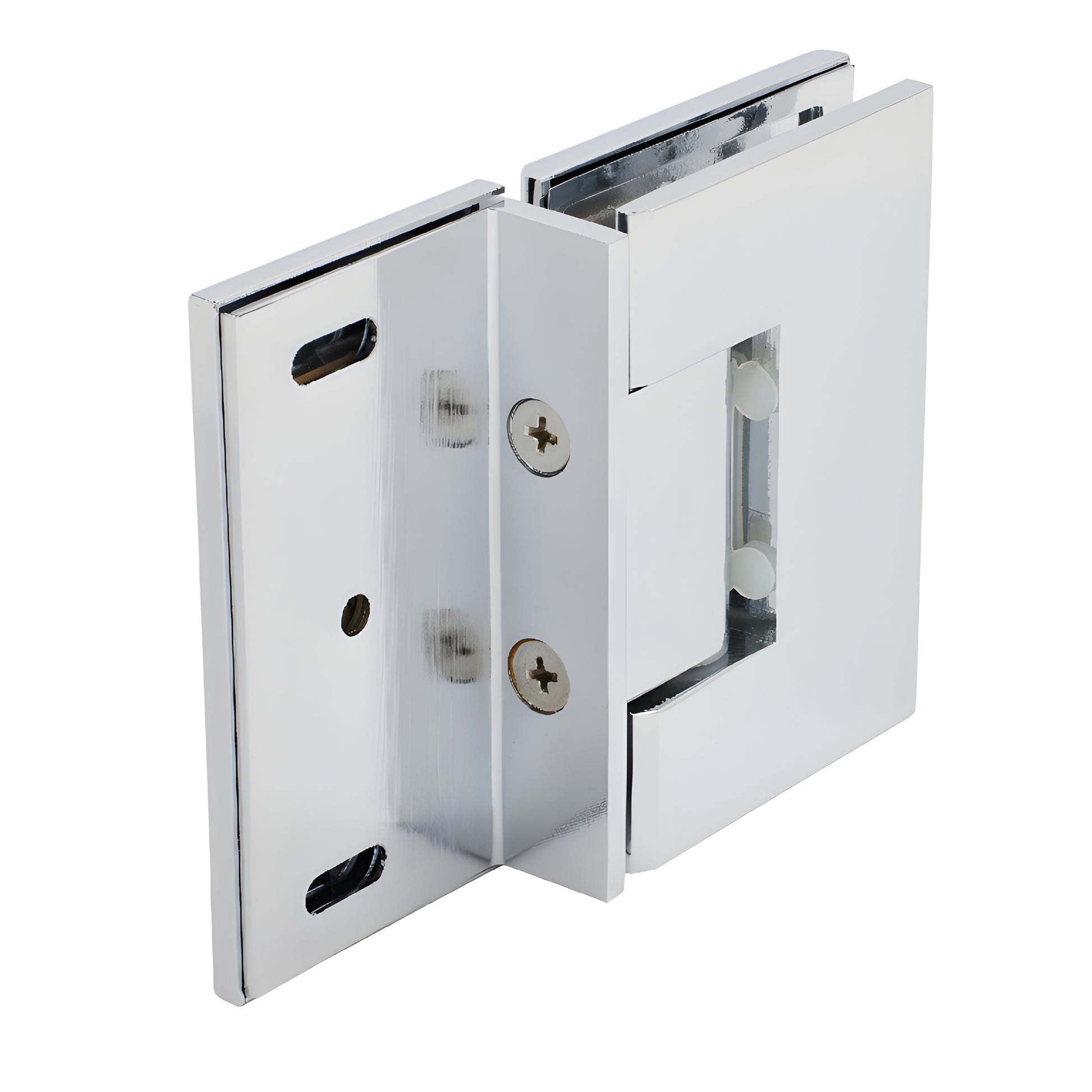 MEL054CH polished chrome square shower door hinge, solid brass, for 8-12mm (5/16-1/2") tempered glass.
