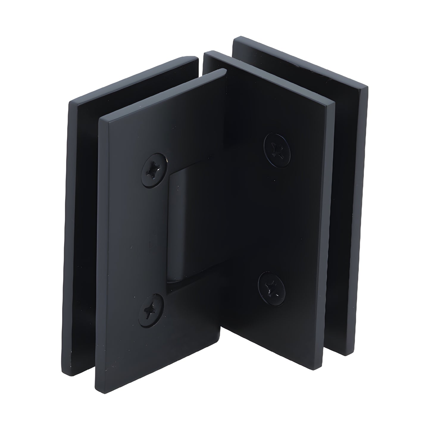 Matte black square glass-to-glass shower hinge for 3/8-1/2" glass, Vienna series (SKU V1E092MBL)