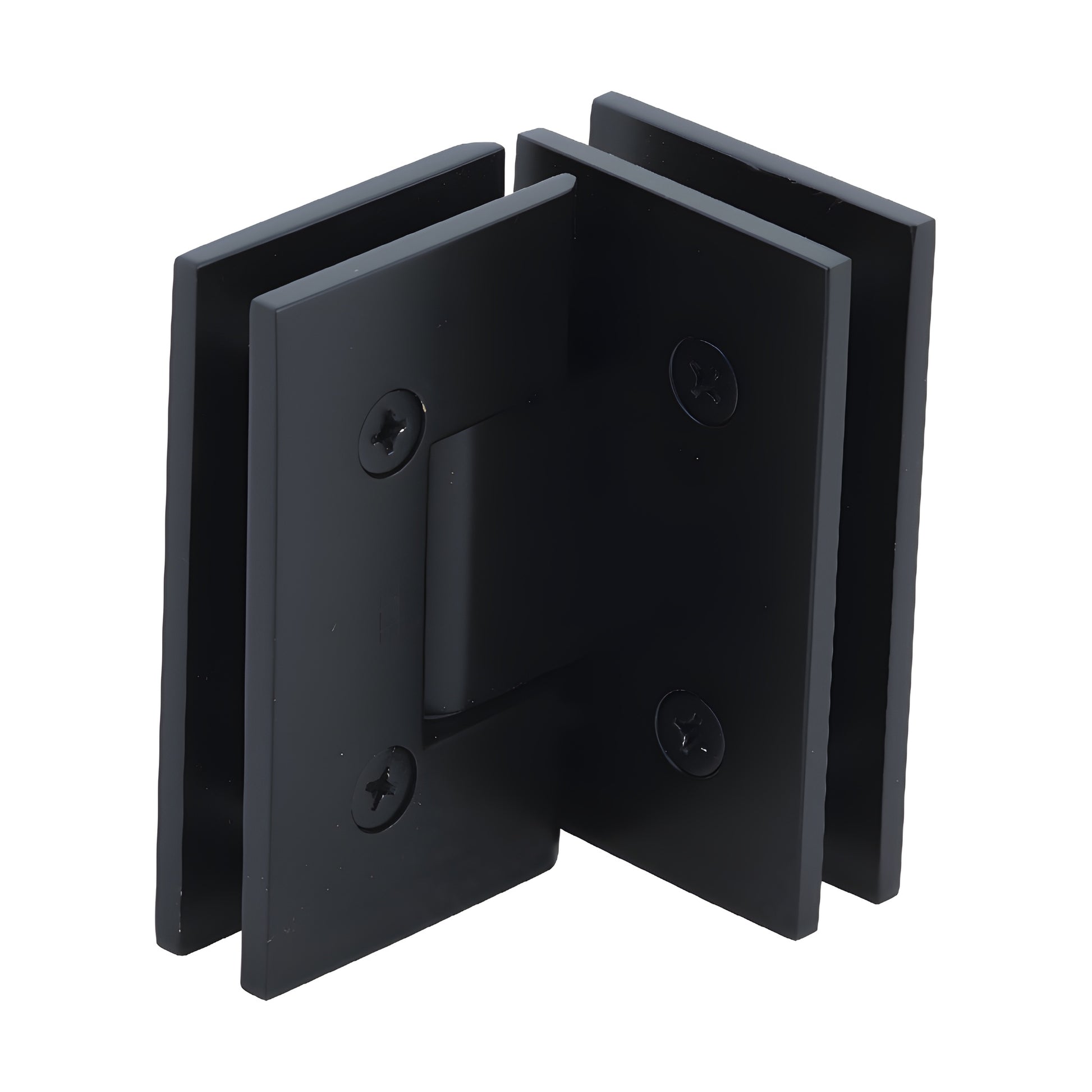 Matte black square glass-to-glass shower hinge for 3/8-1/2" glass, Vienna series (SKU V1E092MBL)
