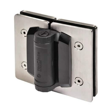 Close-up of CRL 316 Brushed Stainless 180 Degree Glass-to-Glass Hinge for seamless doors.